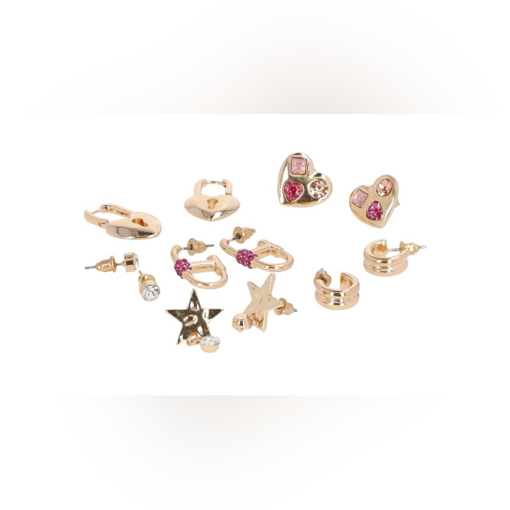 No Boundaries 6‎ Pair Gold Tone Heart Star Hoop Rhinestone Earrings Set NWT